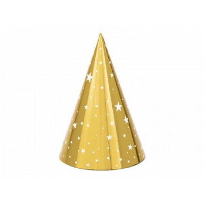 Gimtadienio kepuraitės auksinės  su žvaigždėmis 16 cm 6 vnt